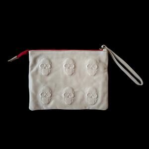 Goth Skull Embossed Leather Wristlet Creamy Gray Italy Made Alternative Edgy